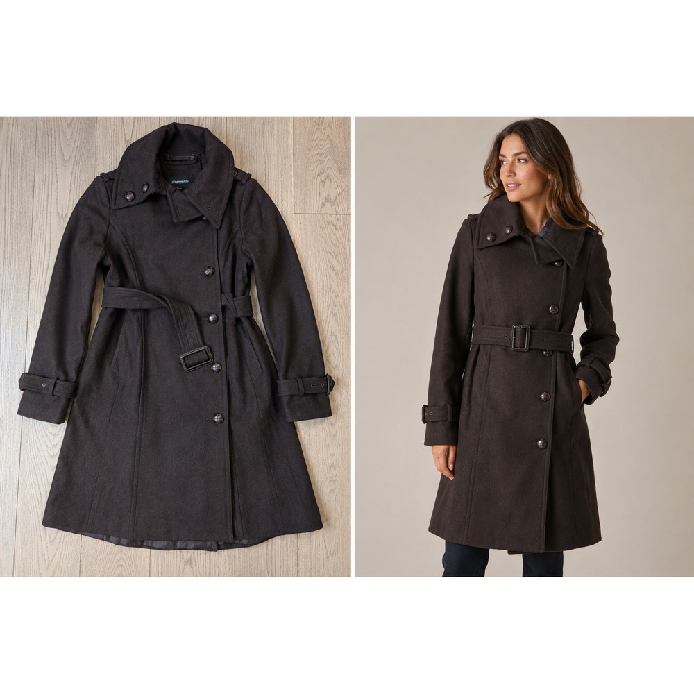 London Fog Womens Brown Wool‎ Blend Belted Double Breasted Trench Coat Size 2